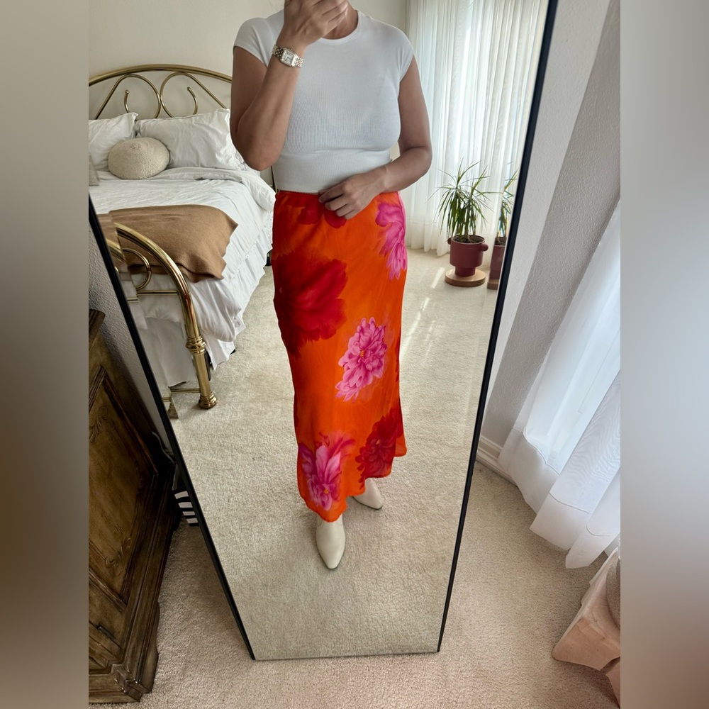 Pierre Cardin Orange Pink Red Floral Maxi Skirt Vintage Size 8